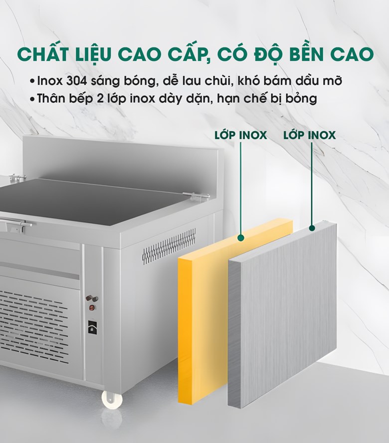 Thân bếp 2 lớp inox, cách nhiệt tốt