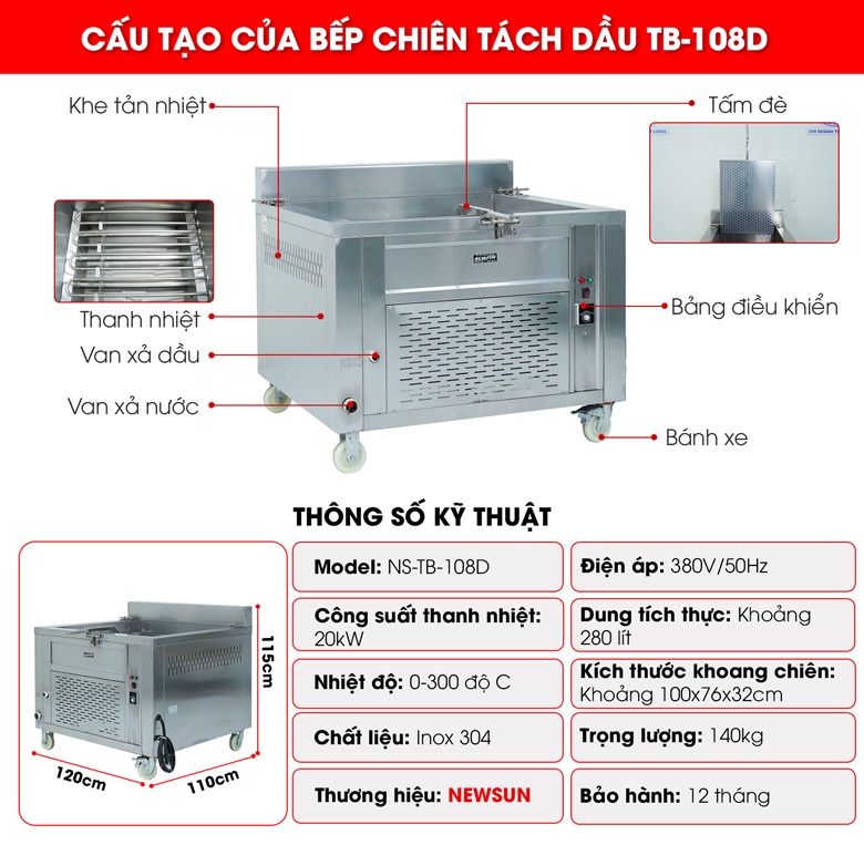 Cấu tạo chi tiết bếp chiên tách dầu 280 lít TB-108D