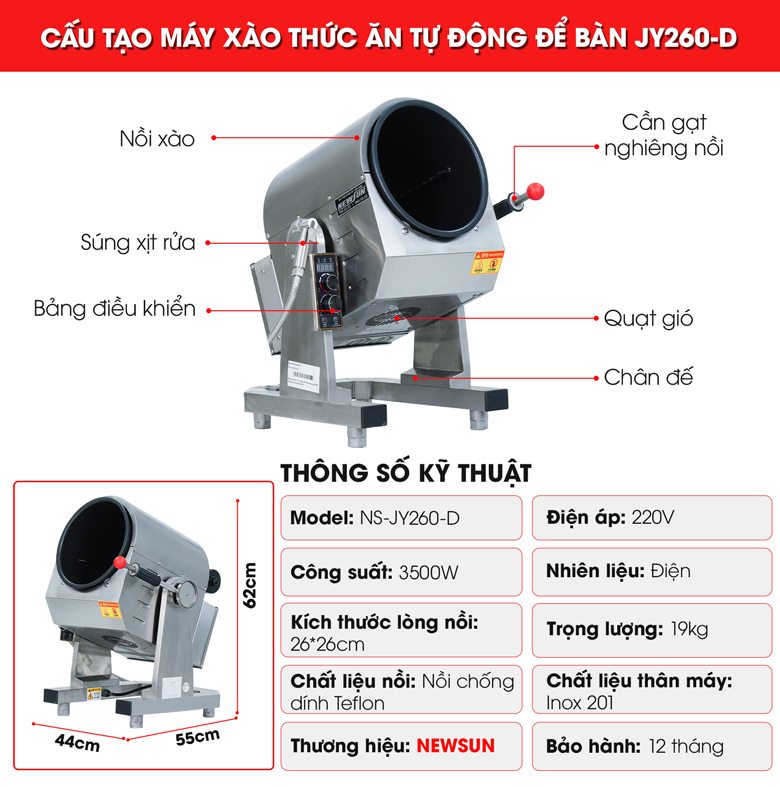 Cấu tạo, thông số máy xào thức ăn 3500W dùng điện JY260-D