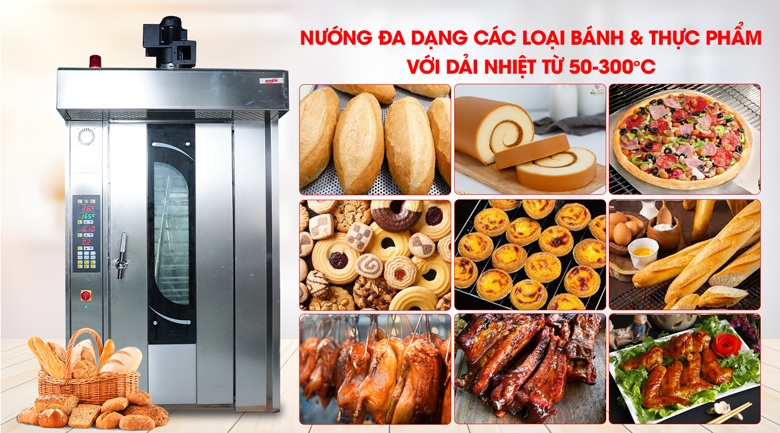Dải nhiệt độ từ 50-300 độ C, nướng đa dạng các loại bánh và thực phẩm Dải nhiệt độ từ 50-300 độ C, nướng đa dạng các loại bánh và thực phẩm