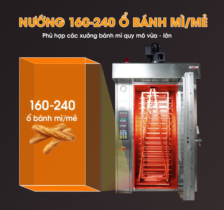 Xe khay 16 tầng cho năng suất nướng khoảng 160-240 ổ bánh mì/mẻ Xe khay 16 tầng cho năng suất nướng khoảng 160-240 ổ bánh mì/mẻ