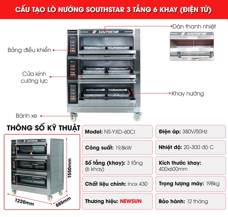 Cấu tạo lò nướng bánh Southstar điện 3 tầng 6 khay YXD-60CI