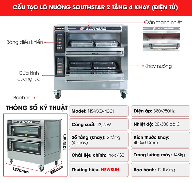Cấu tạo lò nướng bánh Southstar điện 2 tầng 4 khay YXD-40CI Cấu tạo lò nướng bánh Southstar điện 2 tầng 4 khay YXD-40CI