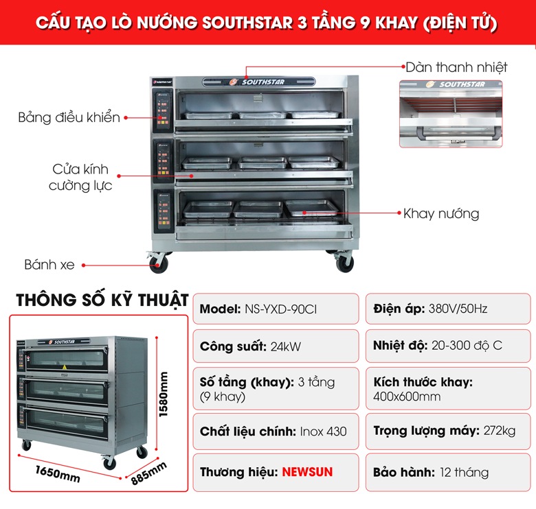 Cấu tạo lò nướng bánh Southstar điện 3 tầng 9 khay YXD-90CI