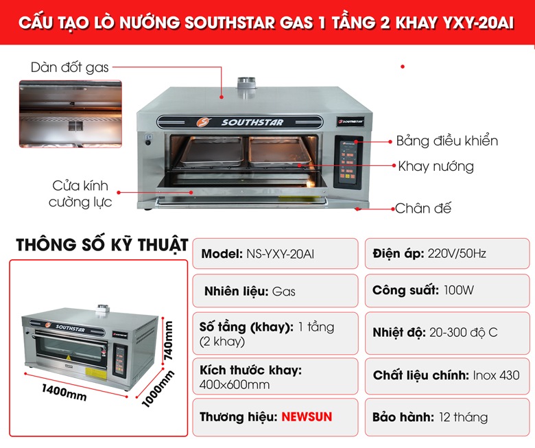 Cấu tạo lò nướng bánh Southstar gas 1 tầng 2 khay YXY-20AI