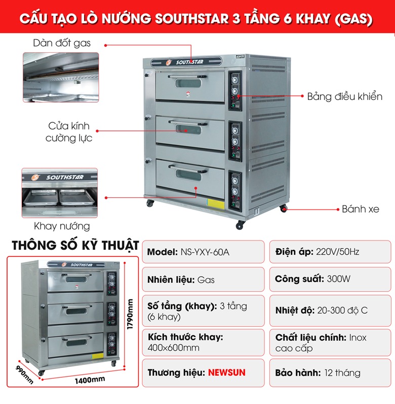 Cấu tạo lò nướng bánh Southstar dùng gas 3 tầng 6 khay
