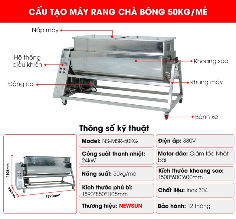 Cấu tạo máy rang chà bông 50kg đặt hàng theo yêu cầu Cấu tạo máy rang chà bông 50kg đặt hàng theo yêu cầu