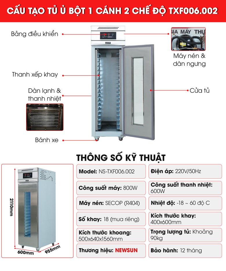 Cấu tạo tủ ủ bột 1 cánh 2 chế độ nóng lạnh TXF006.002