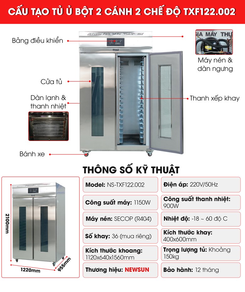 Cấu tạo tủ ủ bột 2 cánh 2 chế độ nóng lạnh TXF122.002