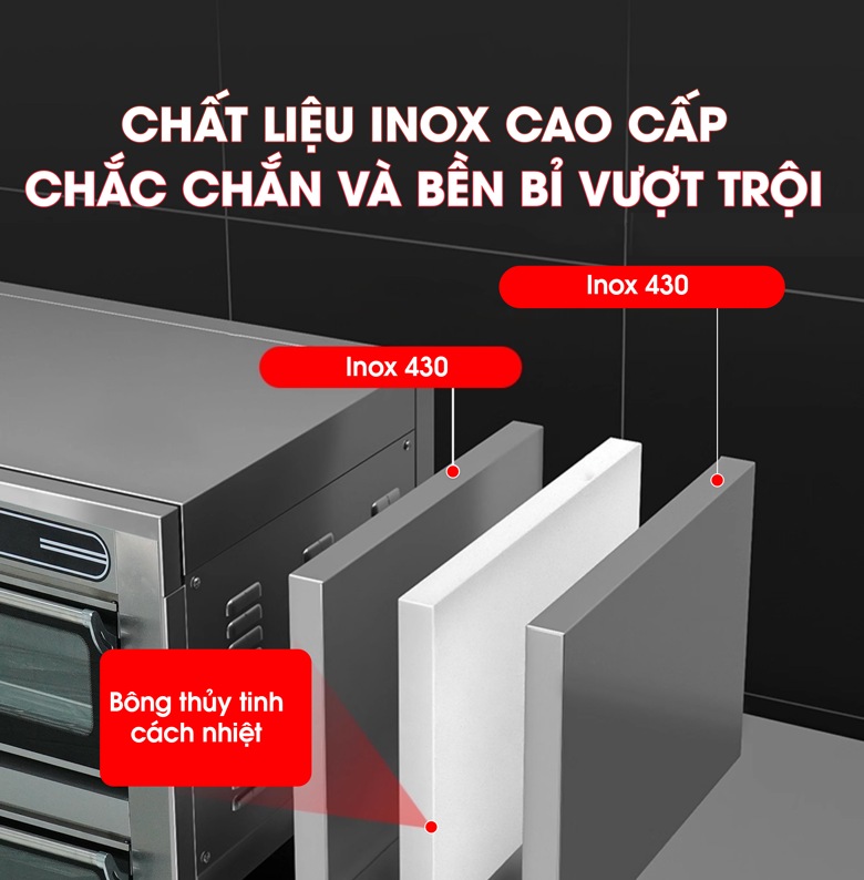 Thành lò bằng inox dày dặn, có lớp cách nhiệt chống bỏng
