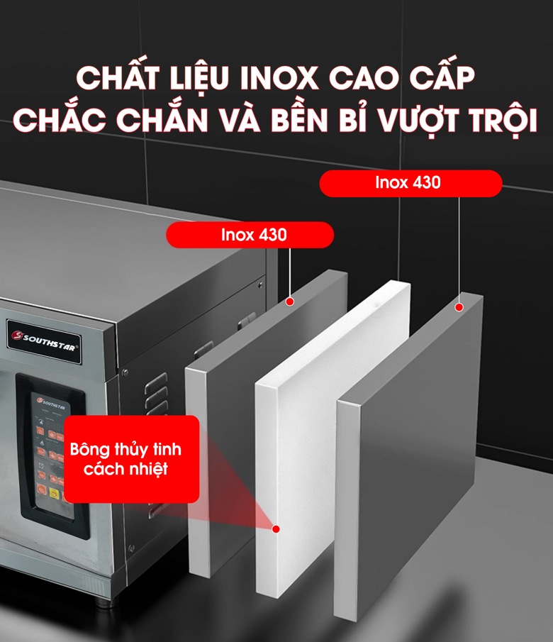 Thành lò bằng inox dày dặn, có lớp cách nhiệt chống bỏng