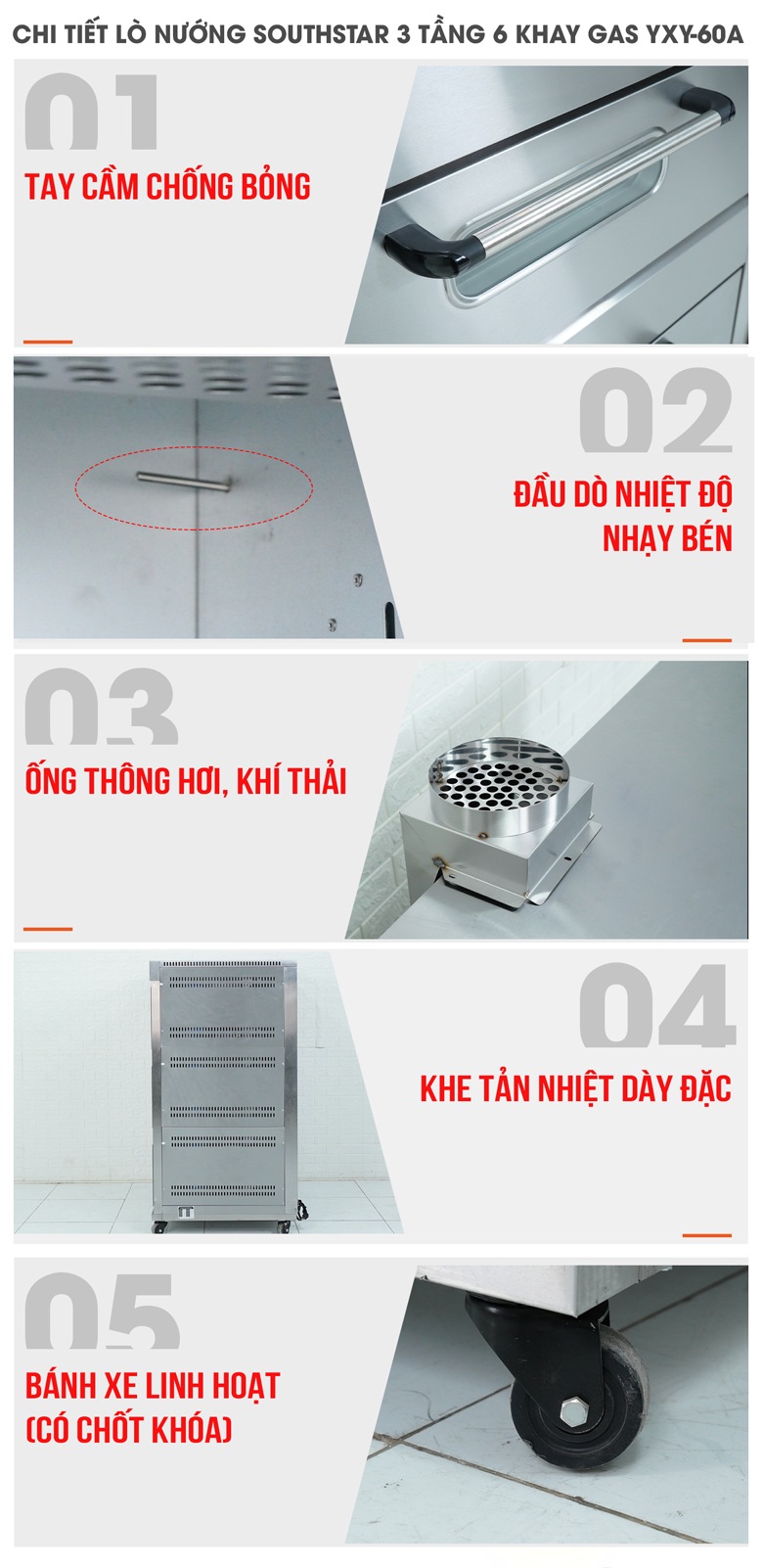 Các chi tiết khác của lò nướng bánh Southstar 3 tầng 6 khay dùng gas