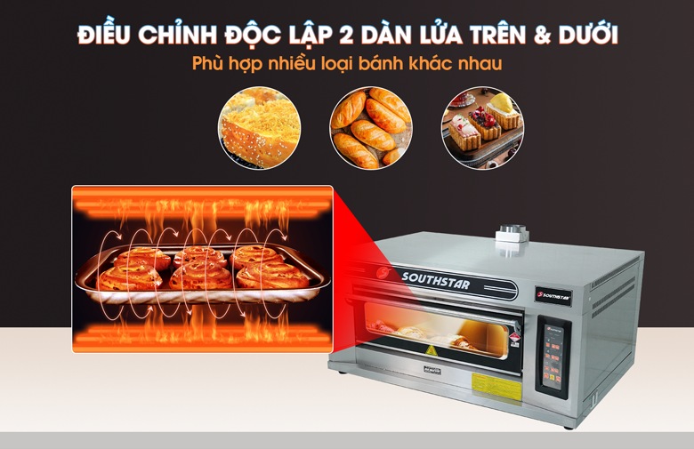 Điều chỉnh 2 dàn lửa linh hoạt, phù hợp nhiều loại bánh khác nhau