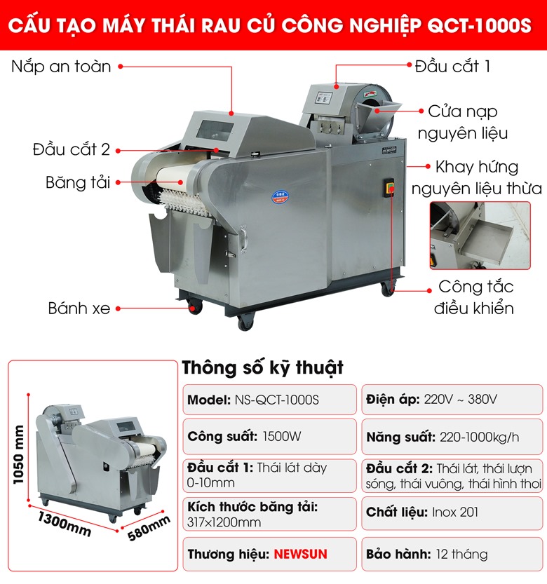 Cấu tạo của máy thái rau củ quả QCT-1000S (2 đầu cắt)