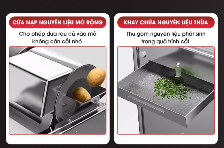 Cửa nạp nguyên liệu và khay hứng nguyên liệu thừa