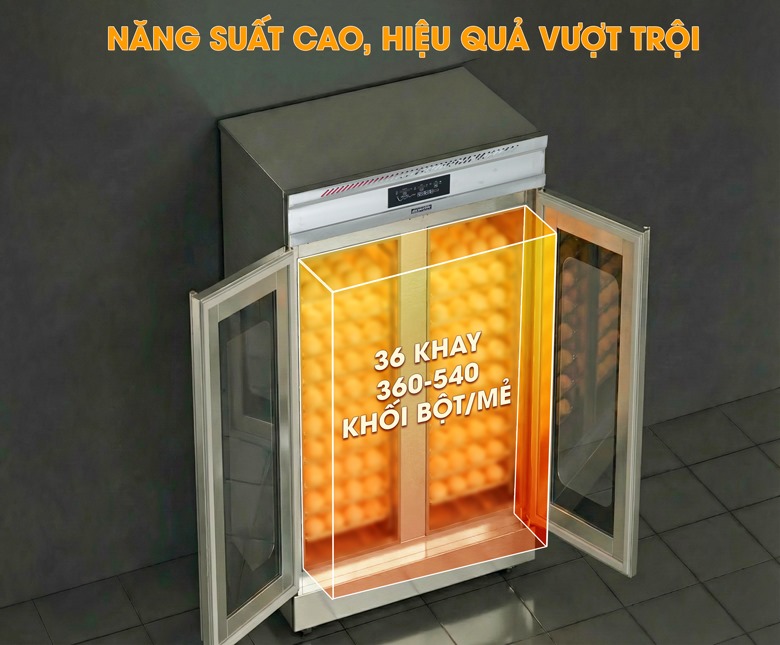 Khoang chứa 36 khay, năng suất khoảng 360-540 khối bột/mẻ