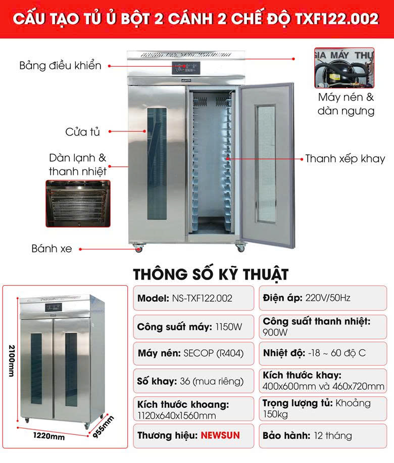 Cấu tạo tủ ủ bột 2 cánh 2 chế độ nóng lạnh TXF122.002
