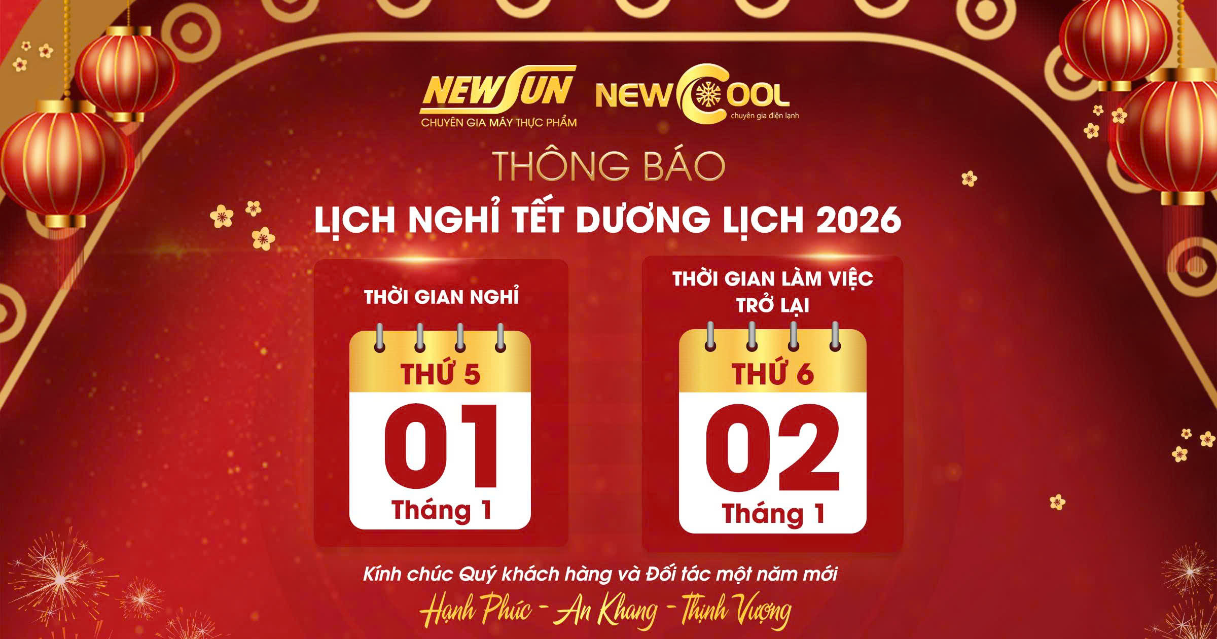 Điện máy NEWSUN thông báo lịch nghỉ lễ Tết Dương lịch 2026 (1 ngày)