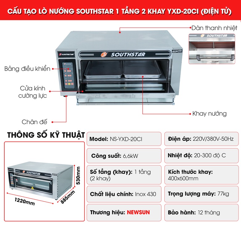 Cấu tạo lò nướng bánh Southstar điện 1 tầng 2 khay YXD-20CI