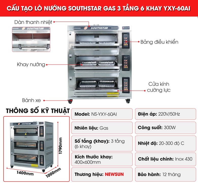 Cấu tạo lò nướng bánh Southstar gas 3 tầng 6 khay YXY-60AI