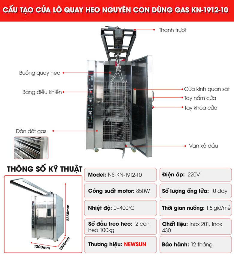 Cấu tạo của lò quay heo nguyên con dùng gas KN-1912-10