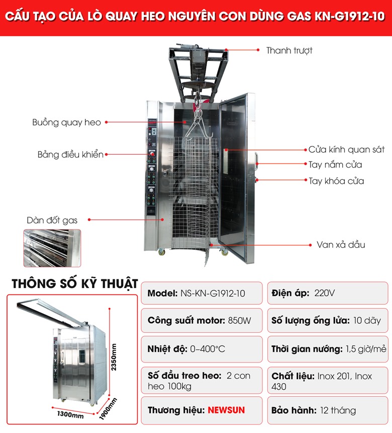 Cấu tạo lò quay heo nguyên con dùng gas KN-G1912-10