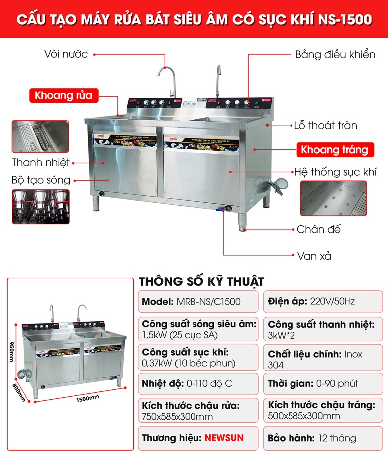 Cấu tạo máy rửa bát siêu âm có sục khí 1m5 NS-1500 Cấu tạo máy rửa bát siêu âm có sục khí 1m5 NS-1500