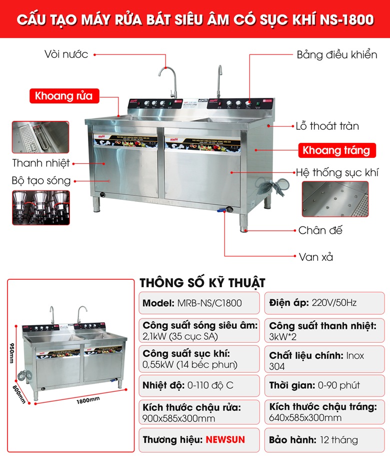 Cấu tạo máy rửa bát siêu âm có sục khí 1m8 NS-1800