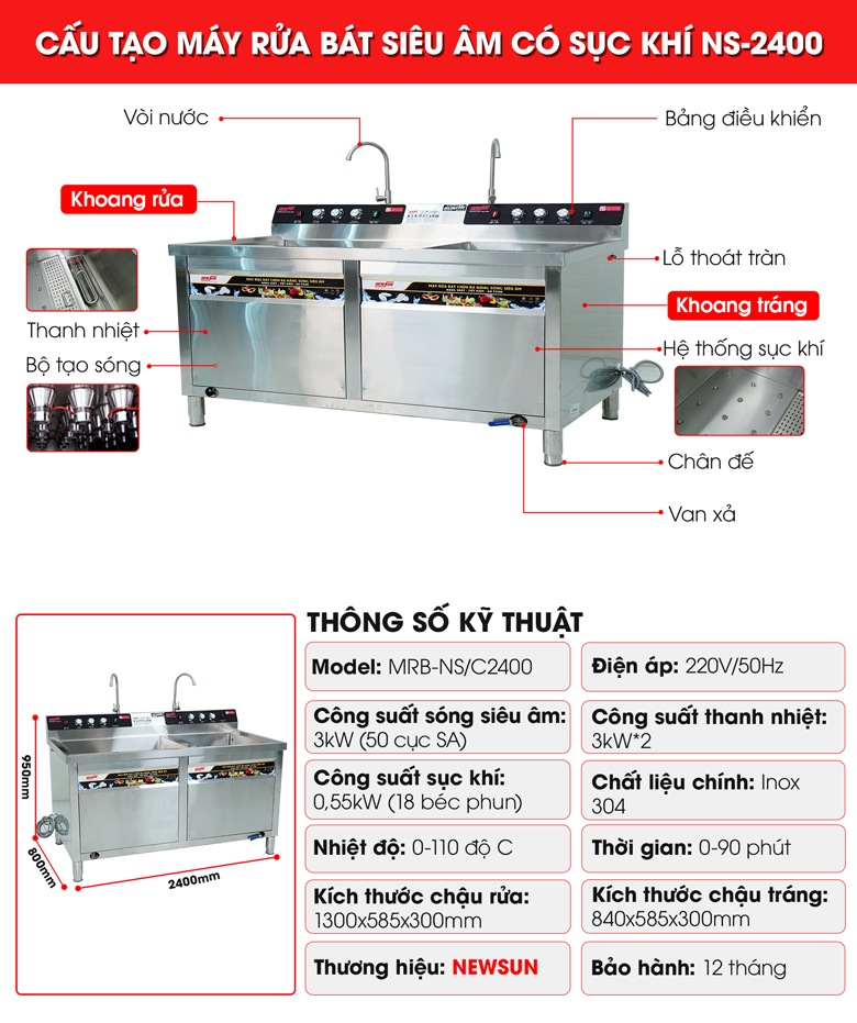 Cấu tạo máy rửa bát siêu âm có sục khí 2m4 NS-2400