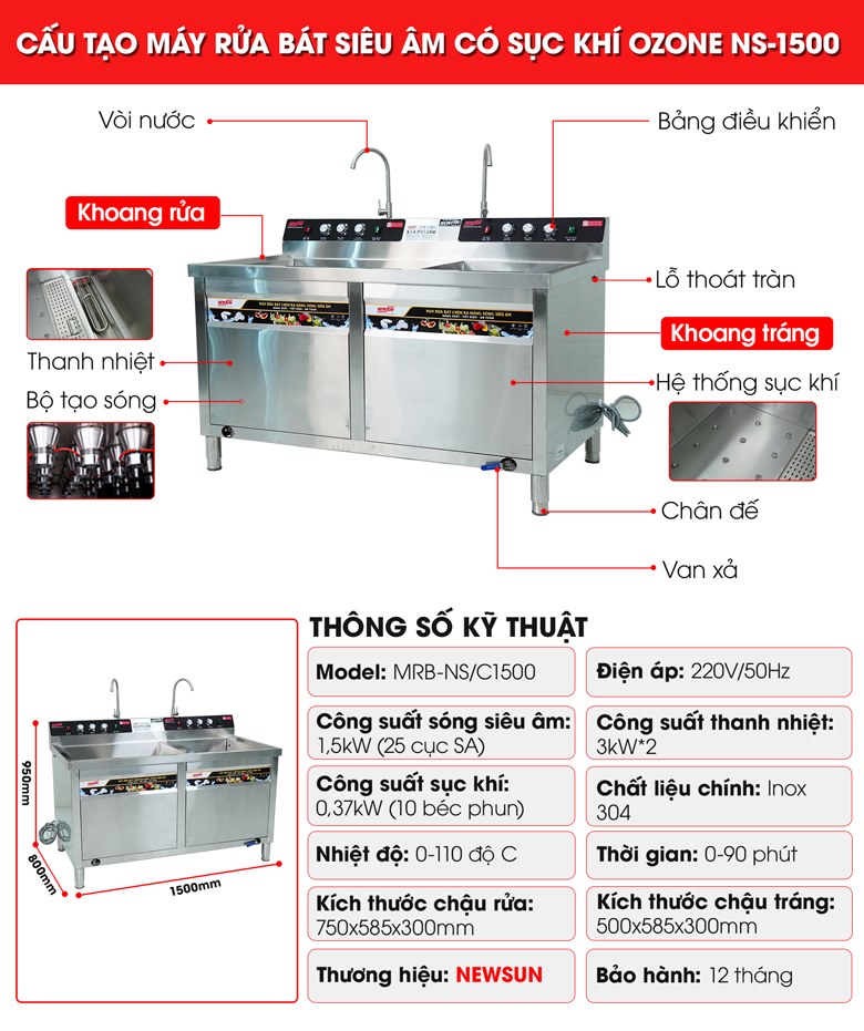 Cấu tạo máy rửa bát siêu âm có sục khí ozone 1m5 NS-1500