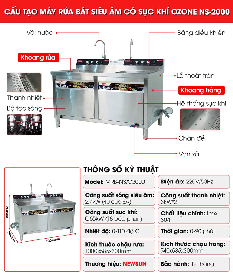 Cấu tạo máy rửa bát siêu âm chậu đôi 2m có sục khí ozone NS-2000