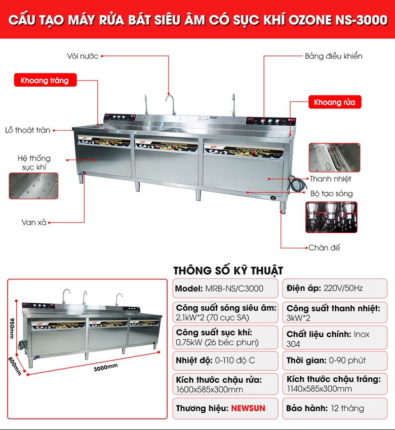 Cấu tạo máy rửa bát siêu âm chậu đôi 3m có sục khí ozone NS-3000