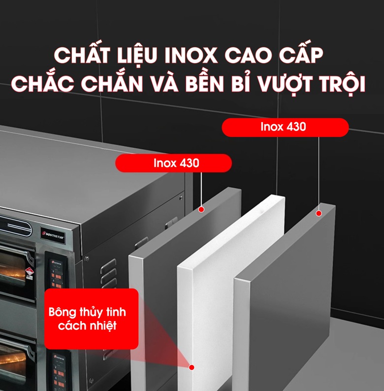 Thành lò bằng inox dày dặn, có lớp cách nhiệt chống bỏng
