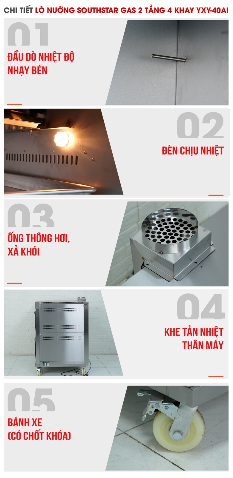 Các chi tiết lò nướng bánh Southstar gas 2 tầng 4 khay YXY-40AI