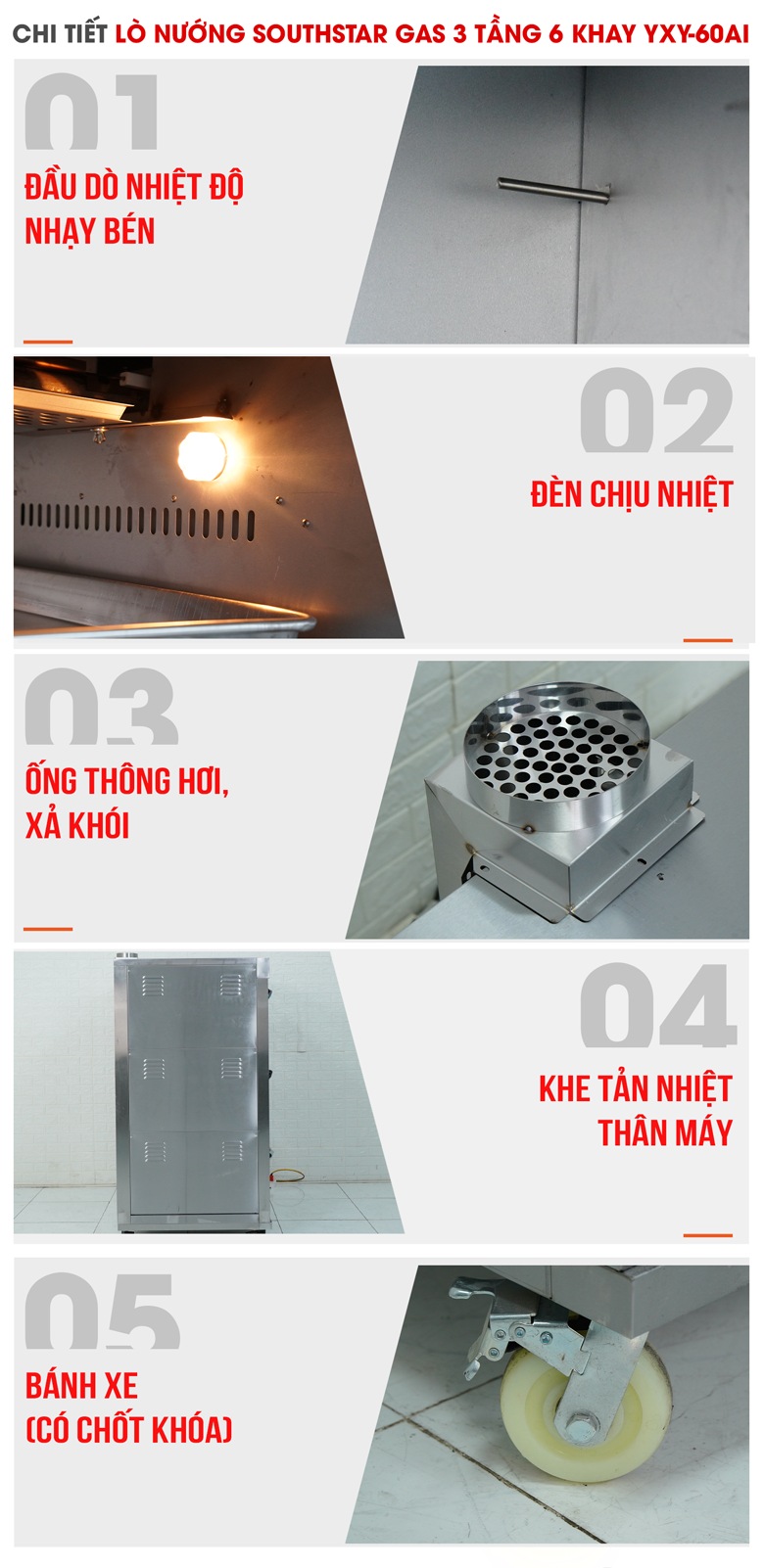 Các chi tiết lò nướng bánh Southstar gas 3 tầng 6 khay YXY-60AI