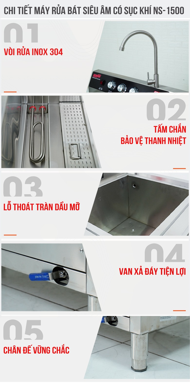 Chi tiết máy rửa bát siêu âm chậu đôi 1m5 có sục khí NS-1500 Chi tiết máy rửa bát siêu âm chậu đôi 1m5 có sục khí NS-1500