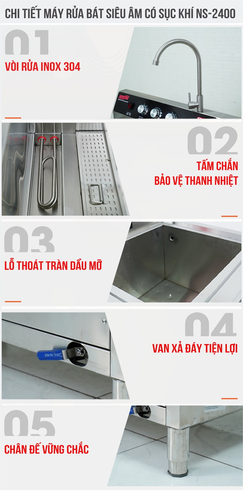 Chi tiết máy rửa bát siêu âm chậu đôi 2m4 có sục khí NS-2400