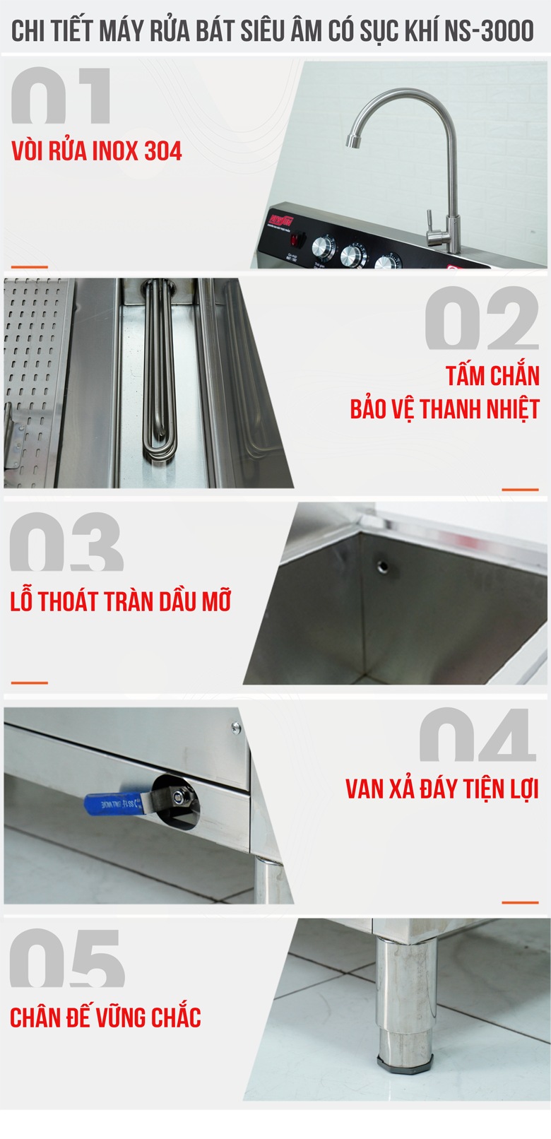 Chi tiết máy rửa bát siêu âm chậu đôi 3m có sục khí NS-3000