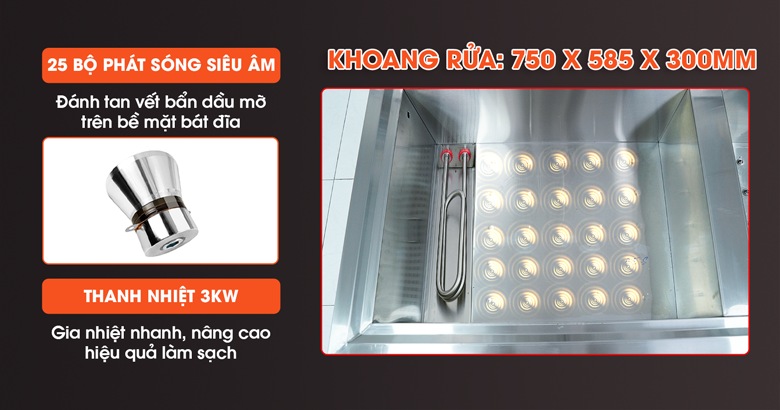 Chậu rửa rộng rãi, trang bị các bộ phát sóng siêu âm và thanh gia nhiệt công suất lớn Chậu rửa rộng rãi, trang bị các bộ phát sóng siêu âm và thanh gia nhiệt công suất lớn
