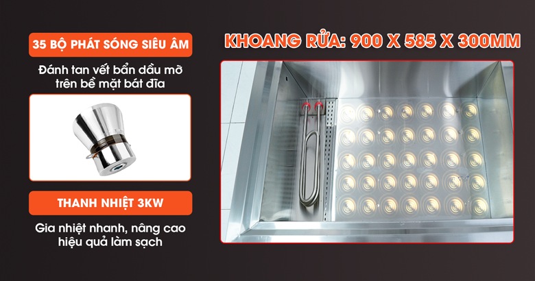 Chậu rửa rộng rãi, trang bị các bộ phát sóng siêu âm và thanh gia nhiệt công suất lớn