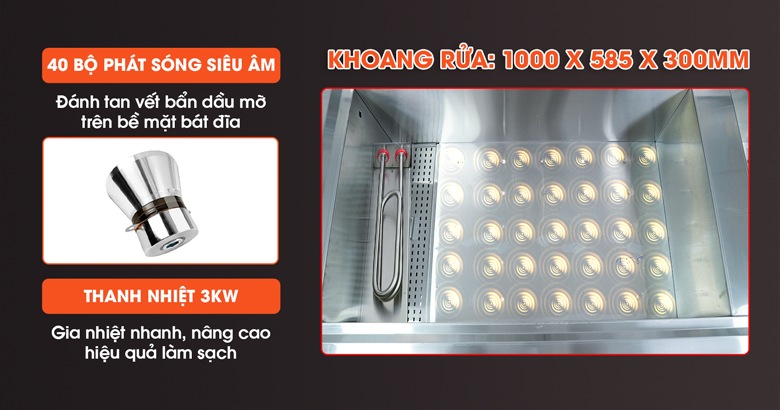 Chậu rửa rộng rãi, trang bị các bộ phát sóng siêu âm và thanh gia nhiệt công suất lớn