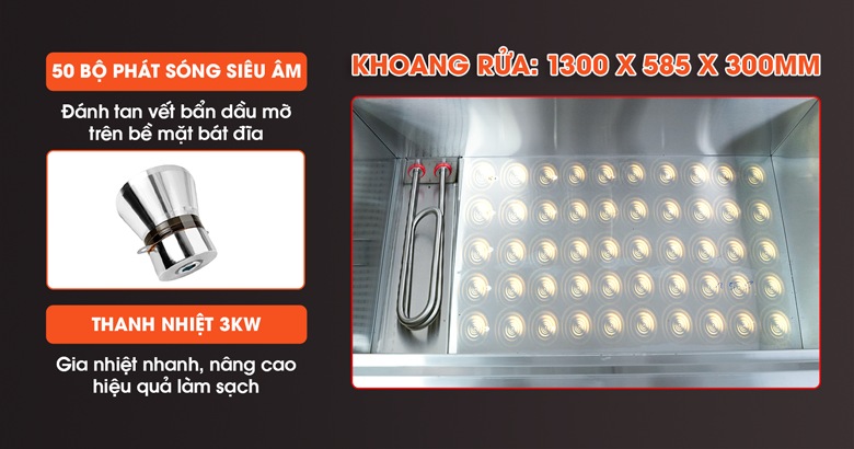 Chậu rửa rộng rãi, trang bị các bộ phát sóng siêu âm và thanh gia nhiệt công suất lớn