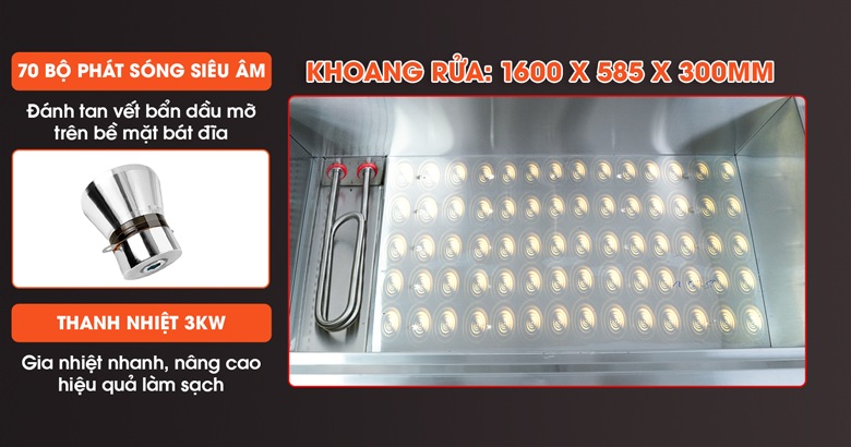 Chậu rửa rộng rãi, trang bị các bộ phát sóng siêu âm và thanh gia nhiệt công suất lớn