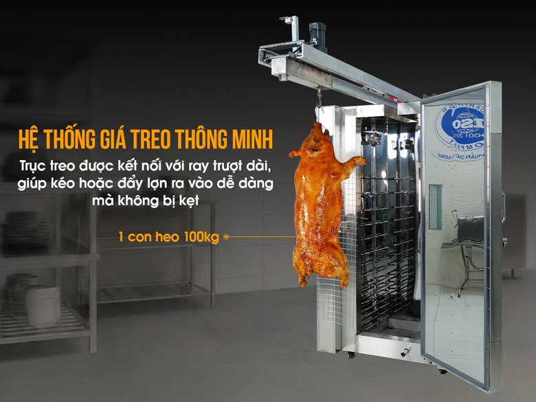 Hệ thống giá treo lợn thiết kế thông minh, quay lợn chín nhanh, đều 
