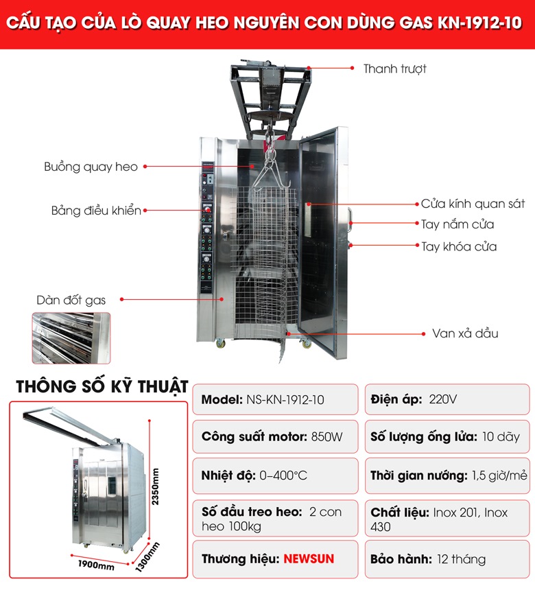 Cấu tạo của lò quay heo nguyên con dùng gas KN-1912-10