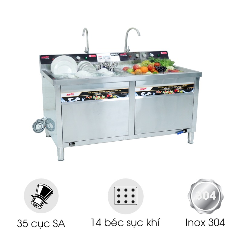 Máy rửa bát siêu âm chậu đôi 1m8 có sục khí NS-1800