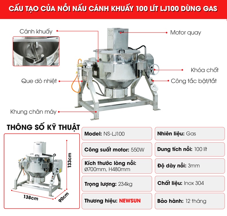 Cấu tạo của nồi nấu cánh khuấy 100 lít LJ100
