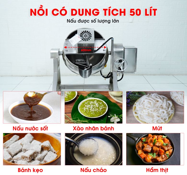 Nồi được thiết kế với dung tích 50 lít, đường kính miệng 600mm