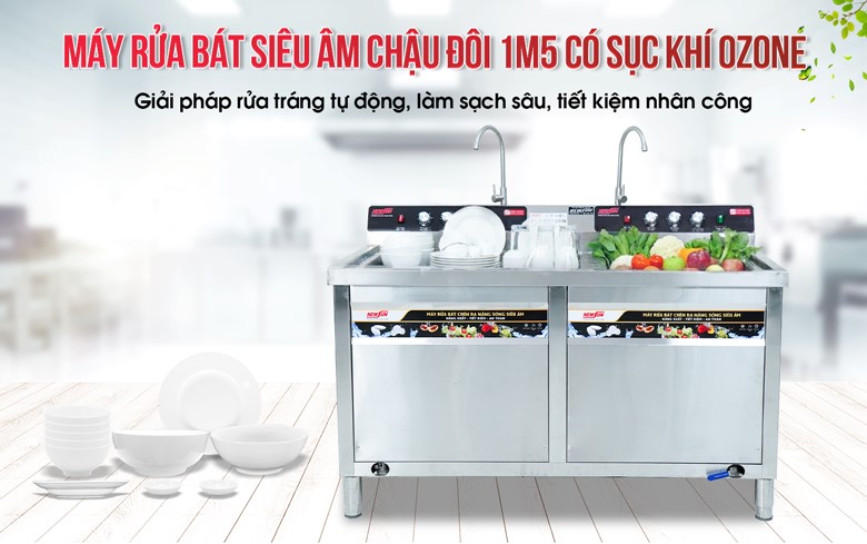 Máy rửa bát siêu âm 1m5 có sục khí NS-1500 NEWSUN (chậu đôi)