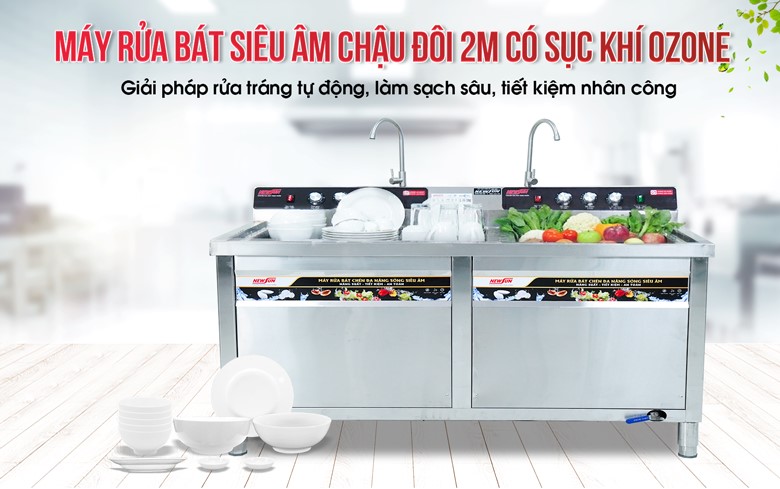 Máy rửa bát siêu âm chậu đôi 2m có sục khí ozone NS-2000